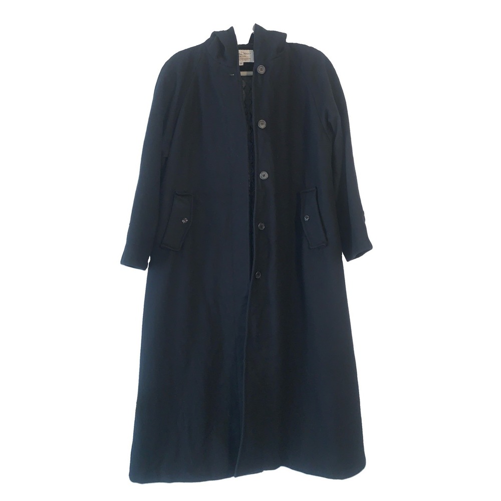 VTG Andrea Marin New York Long Coat Women's 8P Wool Black Hooded Lined Button